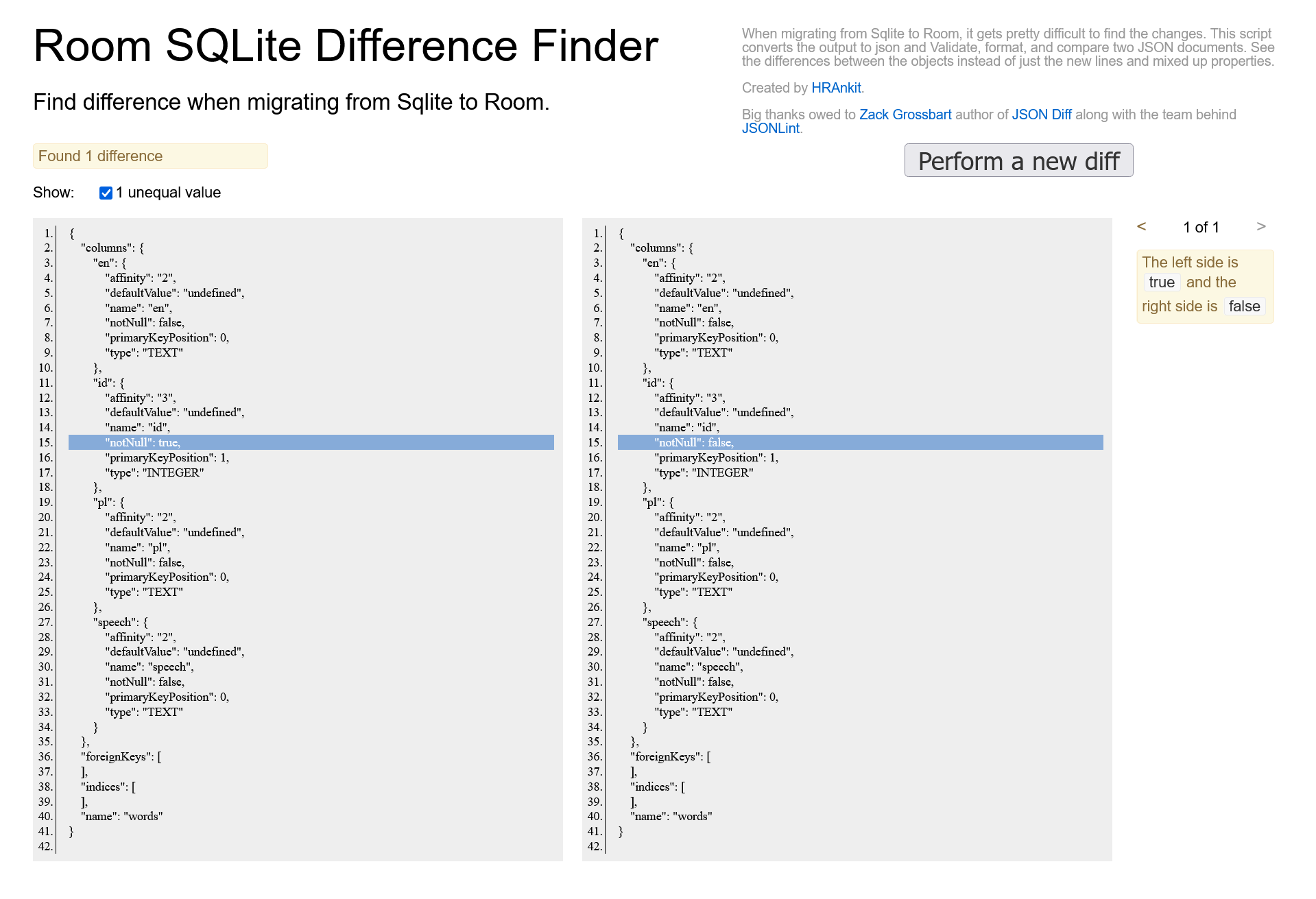 Room SQLite Difference Finder